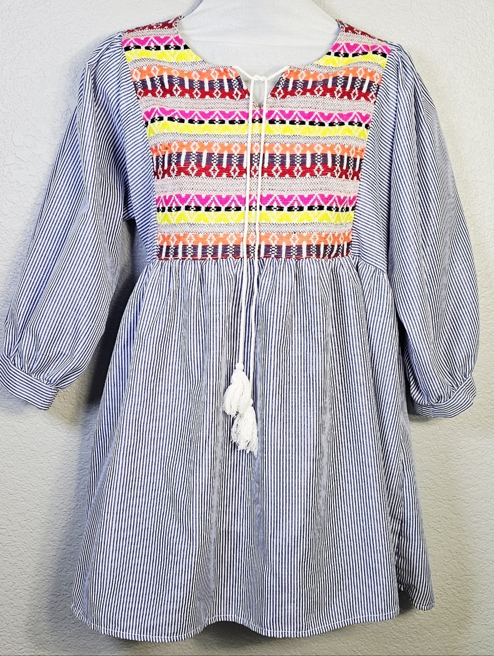 South Main Embroidered Peasant Tunic L/XL Boho Striped Top